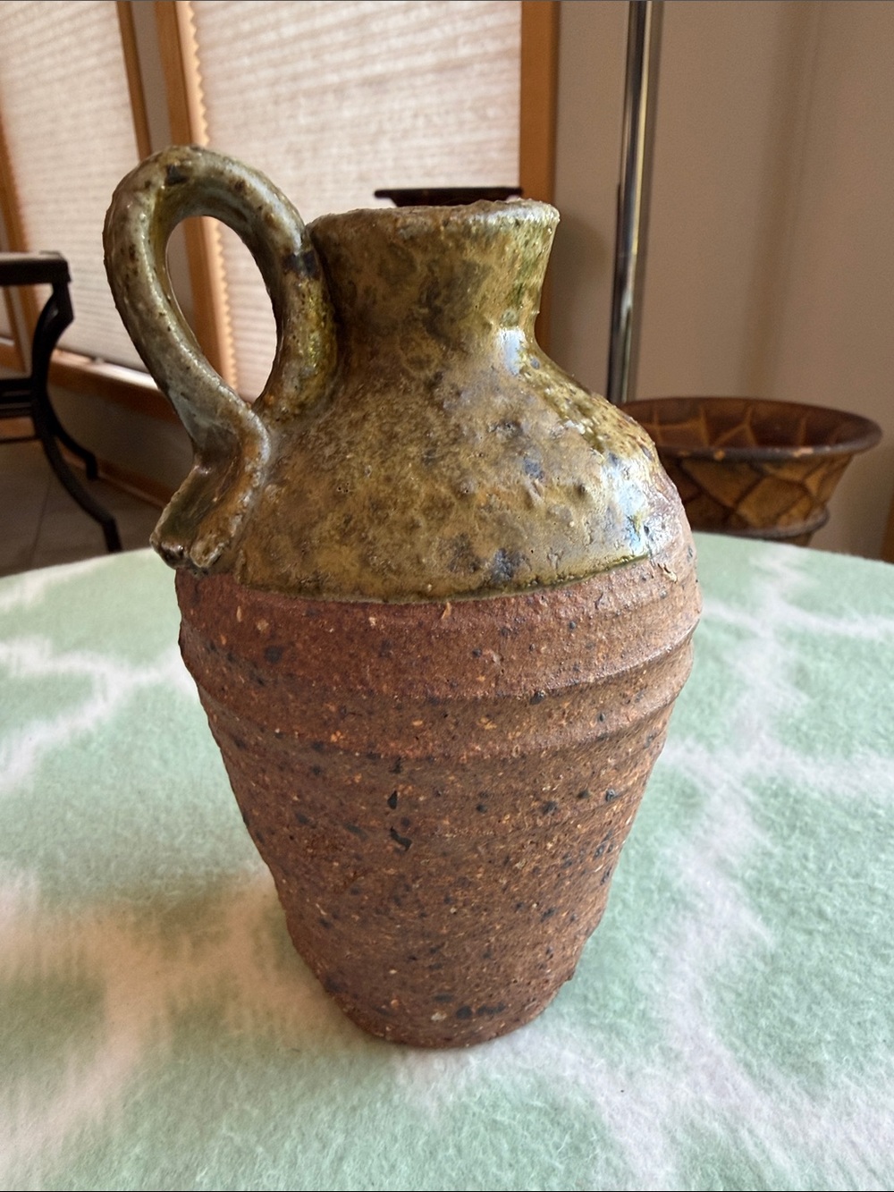 Handcrafted Two-Tone Ceramic Pitcher Vase - Rustic Brown & Olive Green 6.5” tall